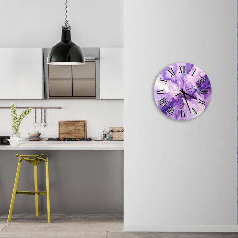 Horloge murale abstraite en verre trempé, horloge mauve, détails dorés, horloge décorative, décoration murale moderne, cadeau unique, horloge artistique