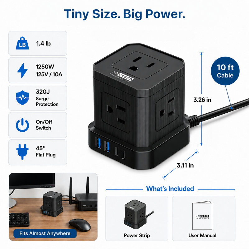 Cube Power Strip Surge Protector with USB-C, 5 AC Outlets and 10 Ft Cord , Black