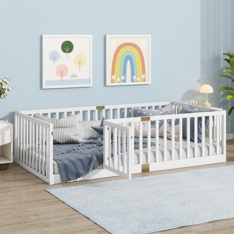 Floor Bed With High Rails And Convertible Door,solid Wood Cama Montessori Bed Without Slats, Twin, White