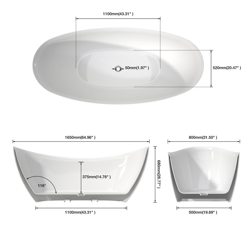 Baignoire autoportante moderne en acrylique Fslefay 65'' avec trop-plein et bonde centrale pour salle de bain