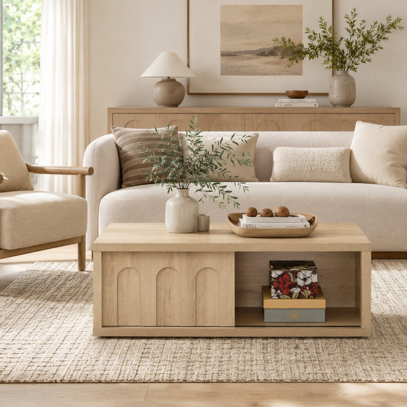 Abdullah 39.4" Modern Natural Oak Sliding Door Coffee Table with Hidden Storage