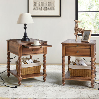 Dziekan Traditional 26" Tall Solid Wood End Table with Extendable Tray and Built-in Charging Outlets(Set of 2)