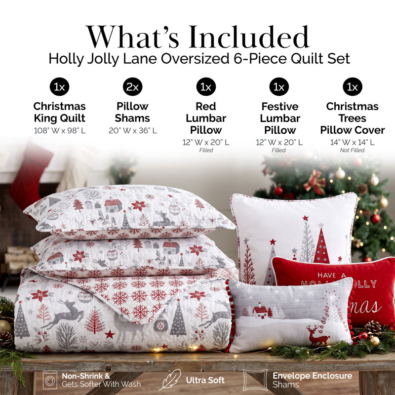 Southshore Fine Linens Holly Jolly Lane Quilt Bedding Set, 100 GSM Double-Brushed Microfiber, 6-Piece with Decorative Pillows, King / California King