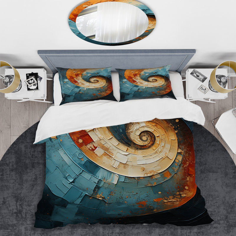 Ensemble de housse de couette à spirales abstraites orange et bleu sarcelle - Polyester microfibre