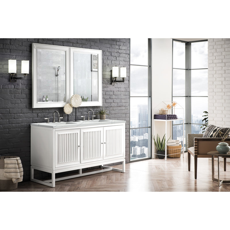 Athens 60'' W  W Double Vanity, Glossy White, Ethereal Noctis, 8" Widespread