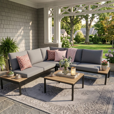 L-Shaped Outdoor Patio Sofa Set with Metal Frame and Coffee Table, Light Gray