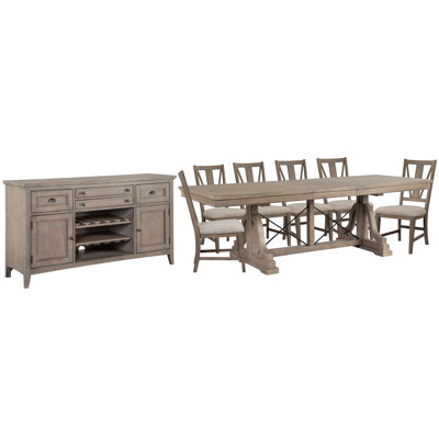 Extendable Trestle Dining Table With 6 Side Chairs And Buffet