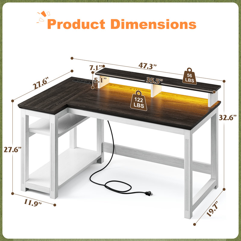 Farmhouse L-Shaped Computer Desk With LED & Power Outlets, Corner Gaming Desk With Built-In Monitor Stand, Adjustable Shelves, Home Office Workstation