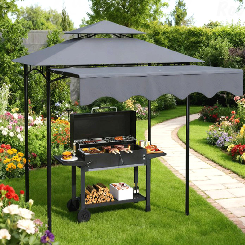 Grill Gazebo, Sun Shade For BBQ Use With Side Shelves & Hooks, Dark Gray