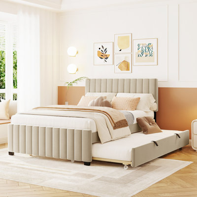 Lit plateforme tapissier en velours avec lit gigogne