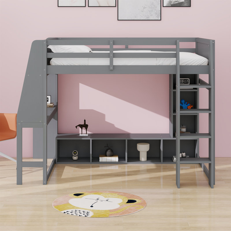 Lit mezzanine en bois avec bureau, étagères à rangement multiples, DEL et portemanteau suspendu