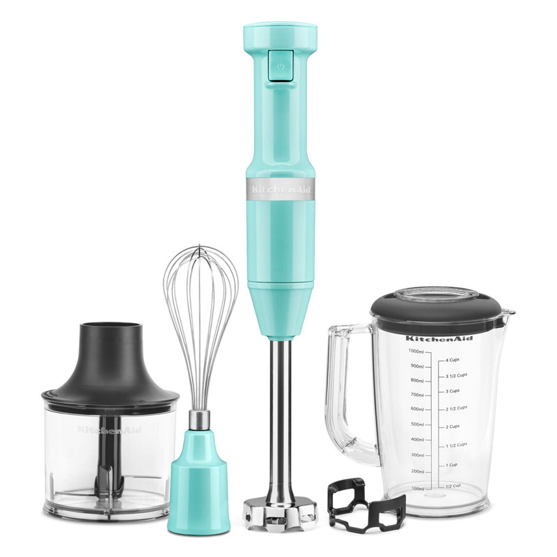 Mélangeur à immersion à main à vitesse variable KitchenAid avec bras amovible de 8 po, fouet, hachoir et pot de mélange en turquoise