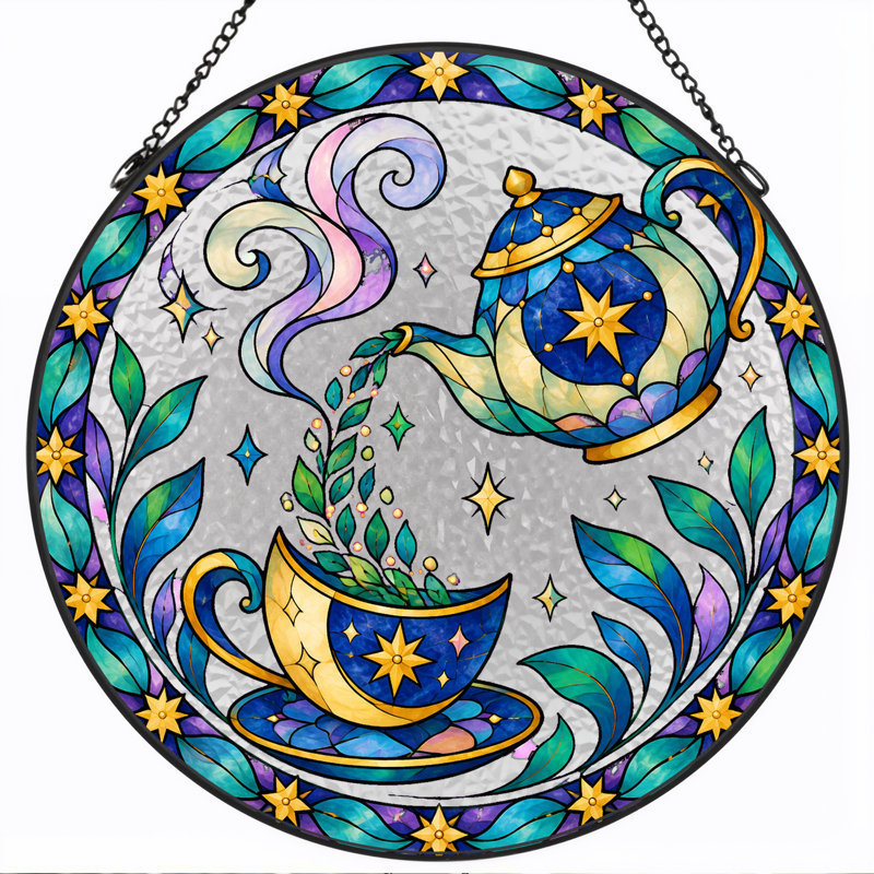 Théière bleue et dorée versant des feuilles sur toile en verre coloré, H 7,8 po