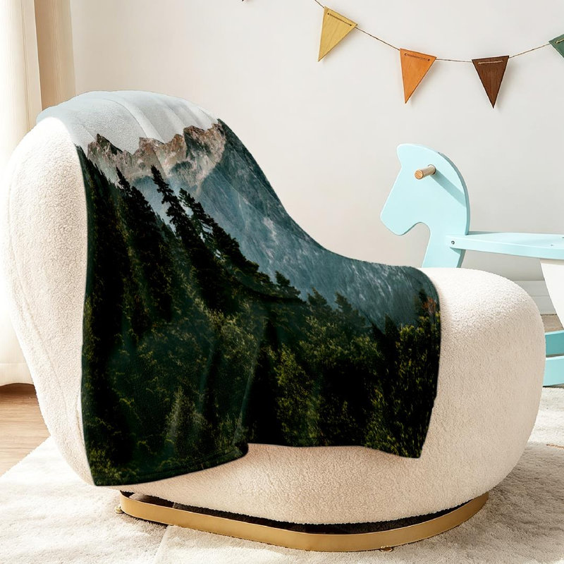Jeté en molleton vert flanelle ultra doux, forêt de conifères et imprimé recto, Throw 30" x 40"