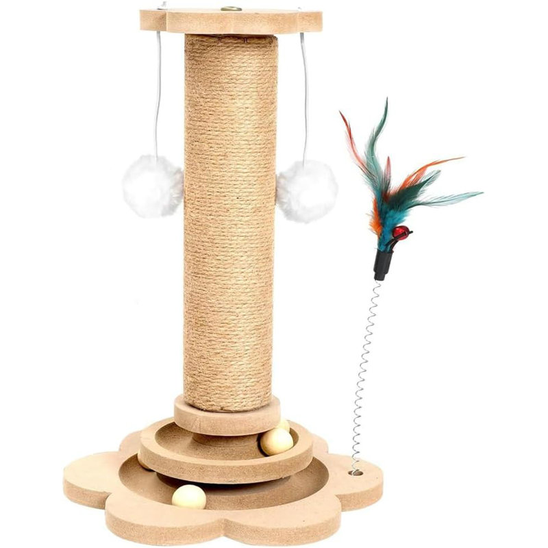 Indoor Cat Scratching Post Tall Sisal Scratch Pole With Pine Base, Interactive Feather & Game Balls For Kittens And Adult Cats