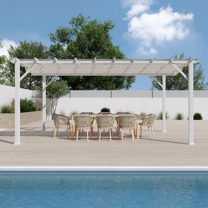 White Aluminum Pergola with Adjustable Silver Canopy, 11' x 11'