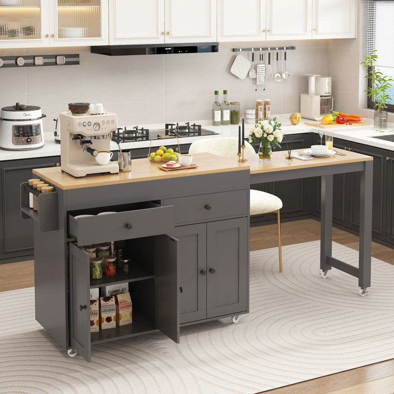 Îlot de cuisine 74,5 po avec table de salle à manger extensible, îlot de cuisine sur roulettes avec support à épices et 2 tiroirs