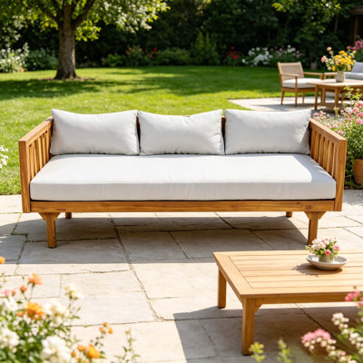 Lit de jour d'extérieur en bois d'acacia à 3 places avec coussins, canapé de patio pour la cour, le jardin et le porche
