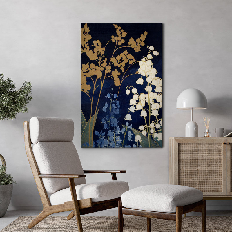 «Floral Silhouette on Midnight Blue», impression sur toile - décor floral rustique pour le salon ou le couloir, Toile tendue