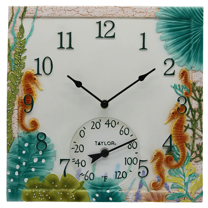 Taylor Precision Products 14"x14" Poly Resin Seahorse Clock with Thermometer, Multicoloured