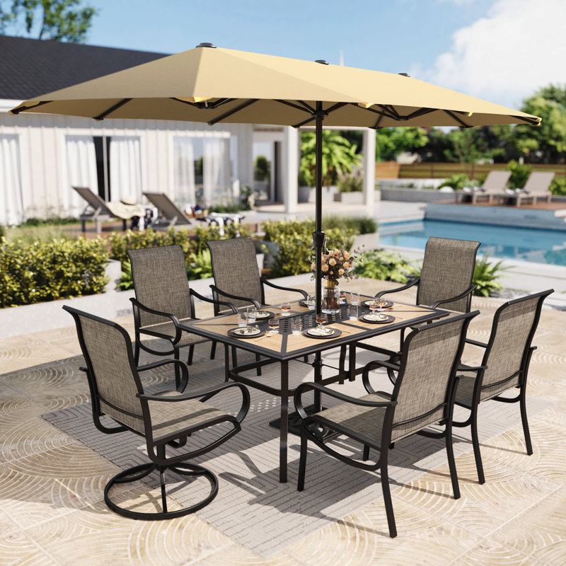 Ensemble de table de salle à manger d'extérieur pour 6 personnes avec parasol, Beige