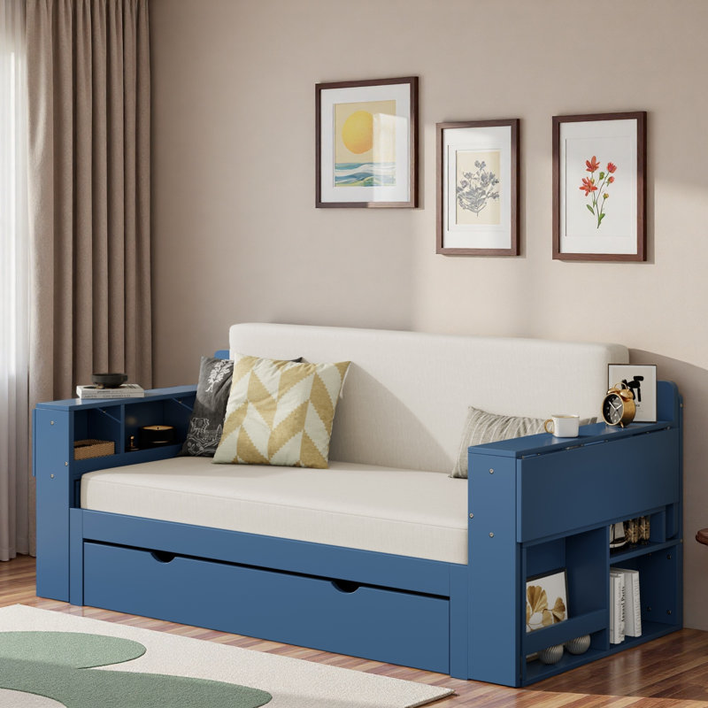 Lit de jour multifonctionnel avec tiroir de rangement, compartiments ouverts et table d'appoint hydraulique, Bleu