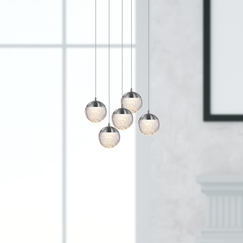 Luminaire suspendu en forme de globe à DEL 5 lumières avec accents de cristal Heatherly, Nickel