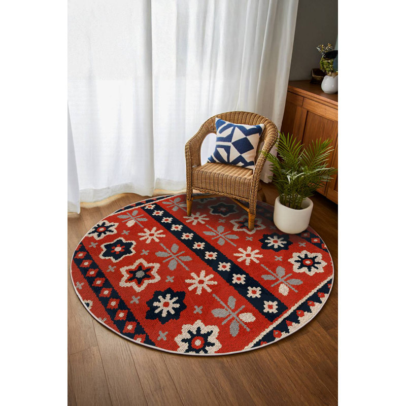 Minna Collection Digital Print Cotton-Polyester Red Floral Rug, Square 3'4"