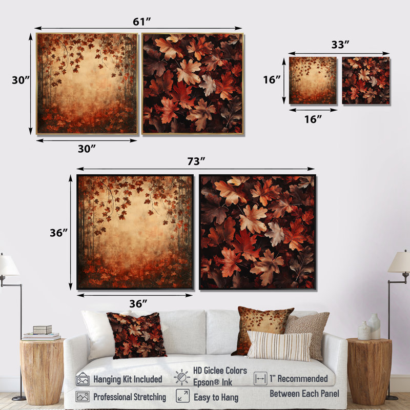 «Red Falling Oak Leaves I» - art mural feuilles - ensemble d'art mural traditionnel 2 pièces, 36" H x 73" W, Cadre flottant