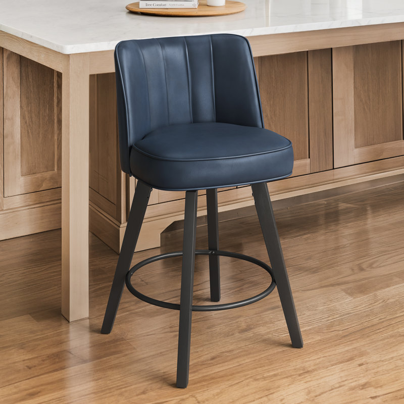Condredge 35" H Upholstered Solid Wood Swivel Counter Stool, Dark Blue Seat/ Black Frame