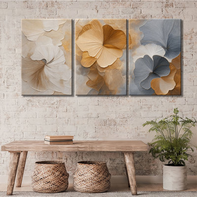 Or 3 feuilles de ginkgo gris doré sur toile abstraite prête à accrocher, décoration murale de salon moderne, 3 pièces