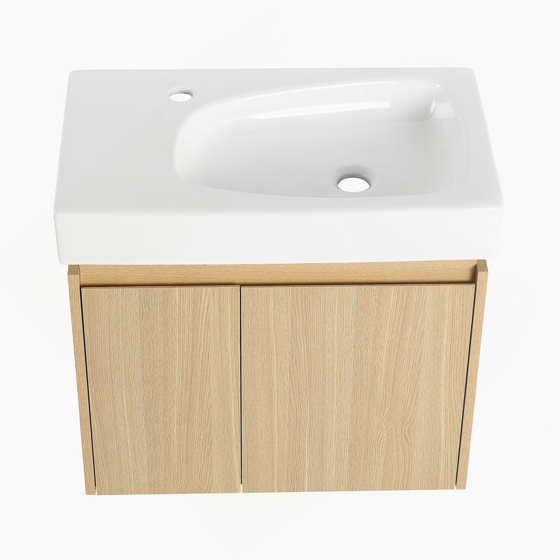Meuble-lavabo 24 po avec lavabo en céramique, meuble-lavabo mural flottant, armoire de rangement en bois avec portes doubles pour la salle de bain, chêne