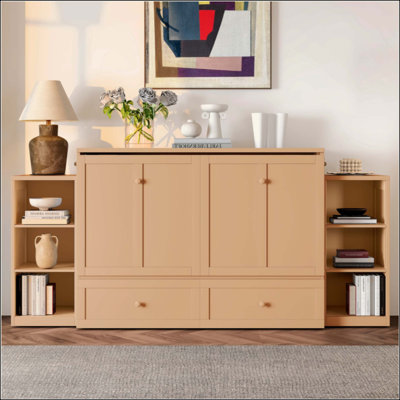 Lit escamotable avec tiroirs et tablettes de rangement, cadre de lit mural compact pour chambre d'amis