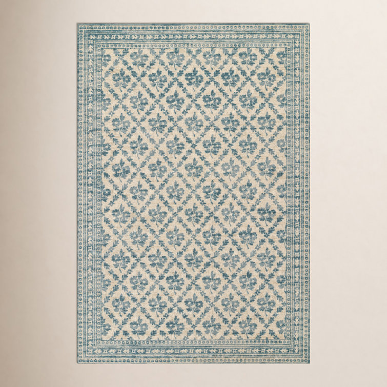 Anders Traditional Floral Wool and Nylon Blue Area Rug