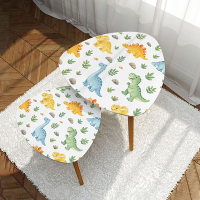 Ensemble de 2 tables basses gigognes triangulaires modernes, motif dinosaures colorés, feuilles vertes et rochers, style milieu du siècle, petites tables d'appoint pour salon, chambre, appartement, décoration intérieure