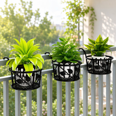 3 Pack Railing Plant Holders, Black Iron Hollow Leaf Design Plant Holders, for Balcony, Porch, Patio, Fence & Stair Railing