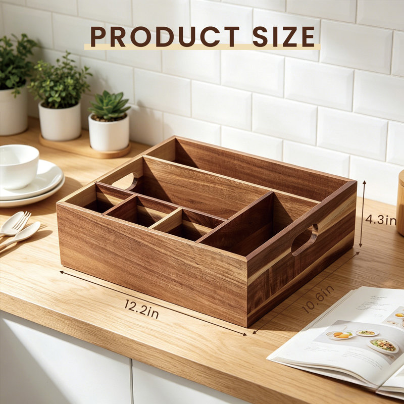 Acacia Wood Utensil Holder, Multi Compartment Flatware Caddy with Handles, 12.2 x 10.6 x 4.3 Inch for Kitchen Party Picnic