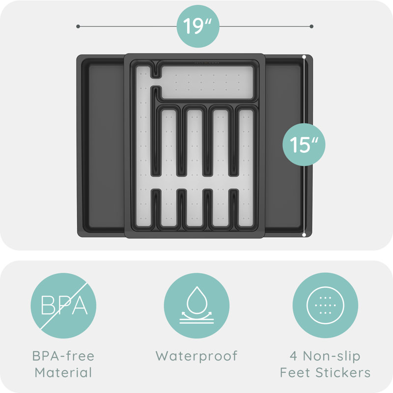 Organisateur de tiroir de cuisine en plastique - Range-ustensiles extensible avec porte-ustensiles et plateau à ustensiles