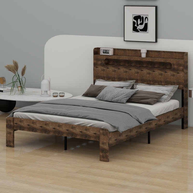 Structure de lit plateforme en bois avec tête de lit à DEL avec rangement et 2 USB, grand rangement sous le lit