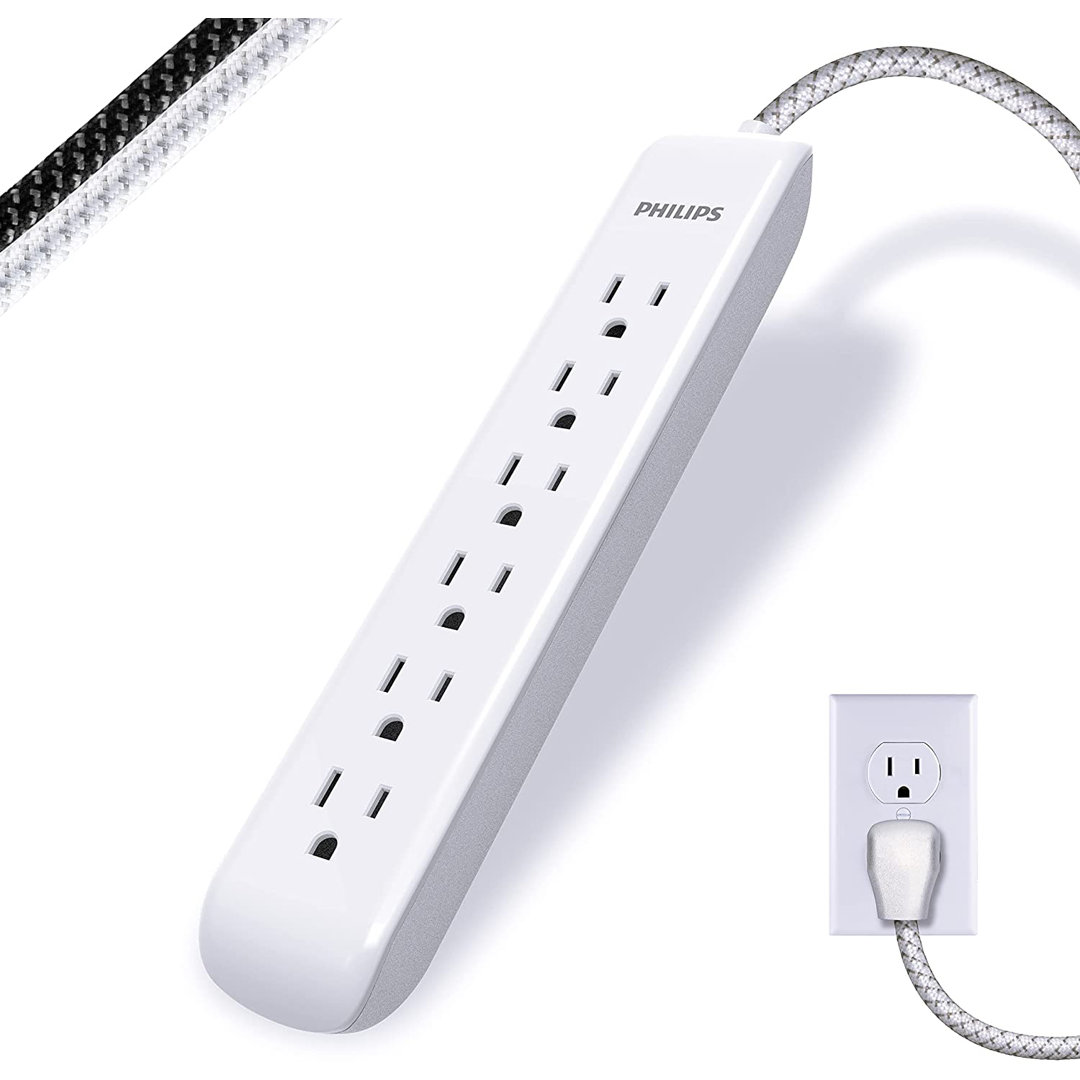 Philips 10-ft 6-Outlet Surge Protector, 1080J, Braided Cord, White, SPC3064WGT1/37 Philips