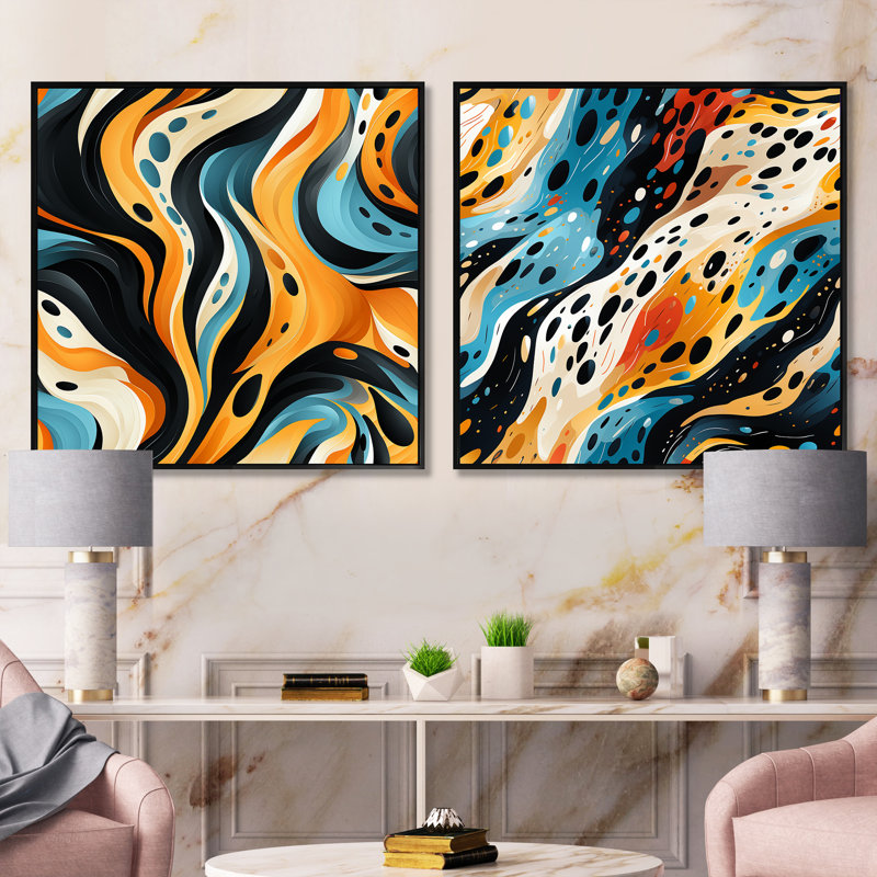 Retro Futurism In Orange And Blue Waves - Abstract Square Collage Set Of 2, 16" H x 33" W, Black Floater Framed