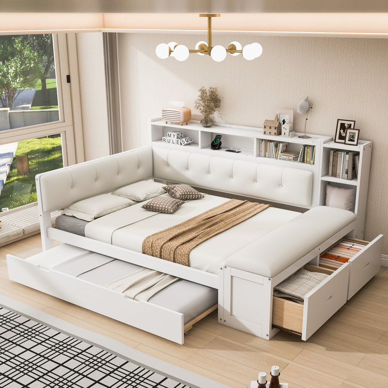 Full Size Wood Daybed with Trundle, Storage Shelves, Bench & Charging Station, Upholstered Headboard, White+Cream White Cushion