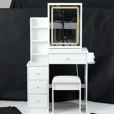 Petit meuble-lavabo 29,2 po avec tabouret de chevet + tabouret rembourré, 2 blocs d'alimentation AC + 2 USB, support pour séchoir à cheveux, très grand miroir à DEL coulissant à contrôle tactile, changement de couleur 3, EPA, GCC, certificat UL