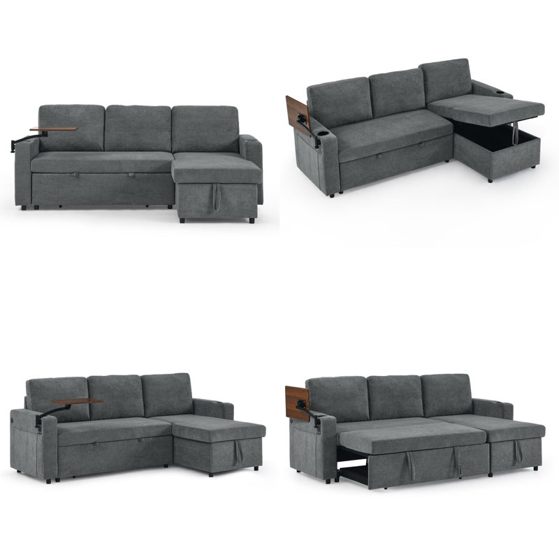 Modern Chenille L-Shape Sectional Sofa with Pull-Out Bed, Retractable Table & LED Lighting, 3-Seater Modular Sleeper Sofa with USB Charging Ports and Cup Holders