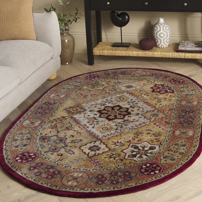 Tapis rouge / rouille en laine fait à la main Heine, Ovale 4 pi 6 po x 6 pi 6 po