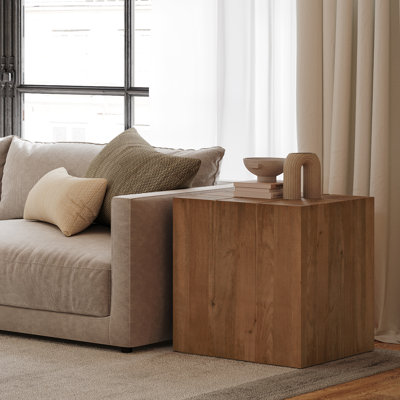 Firdows 22" Solid Wood Modern Rustic Cube Carved End Table