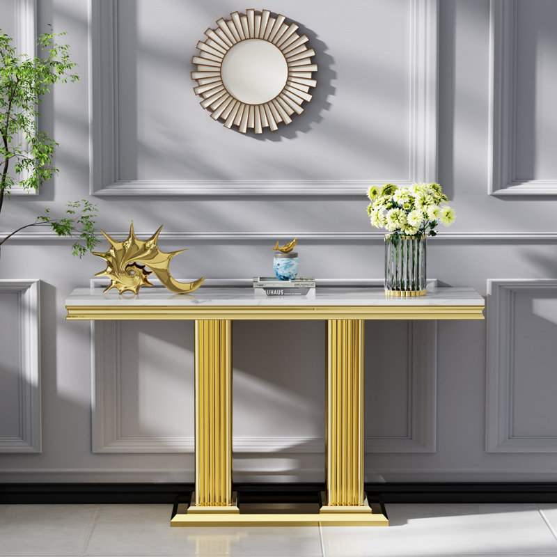 Table basse en marbre de 46,85 po pour le salon Table d'appoint moderne en faux marbre blanc avec structure en acier inoxydable à double colonne, élégante table d'appoint rectangulaire pour le bureau à domicile