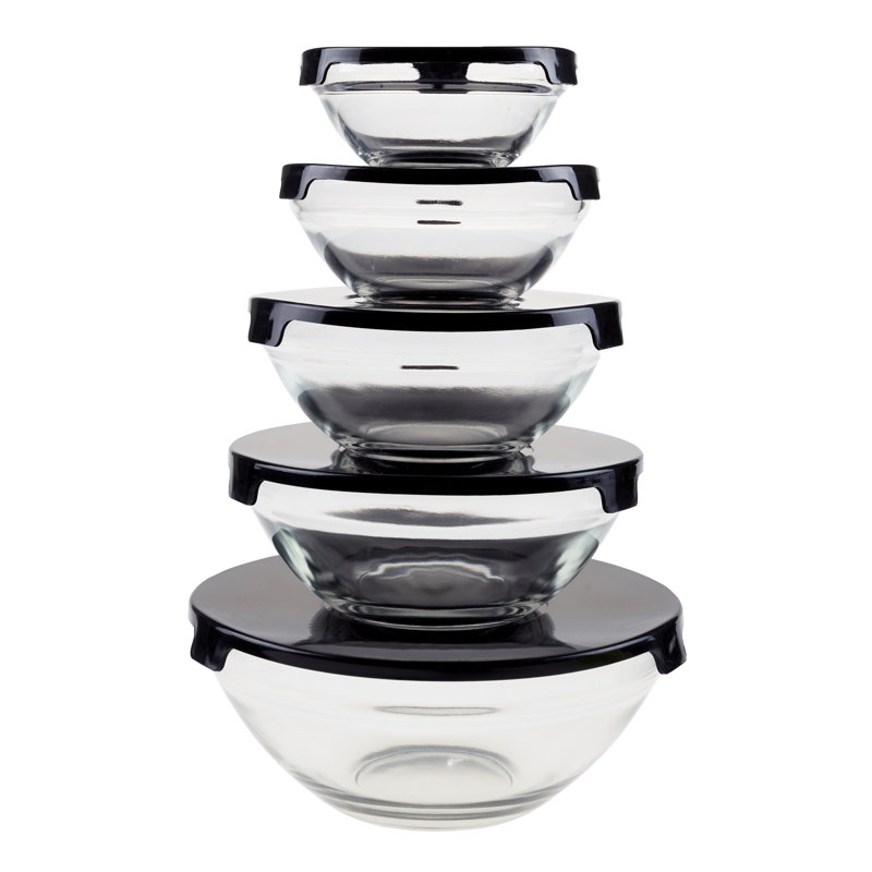 Ensemble de bols à mélanger en verre avec couvercles - ensemble de 10 pièces avec plusieurs tailles de bols pour le rangement du garde-manger, la préparation des repas, le mélange et le service (noir)