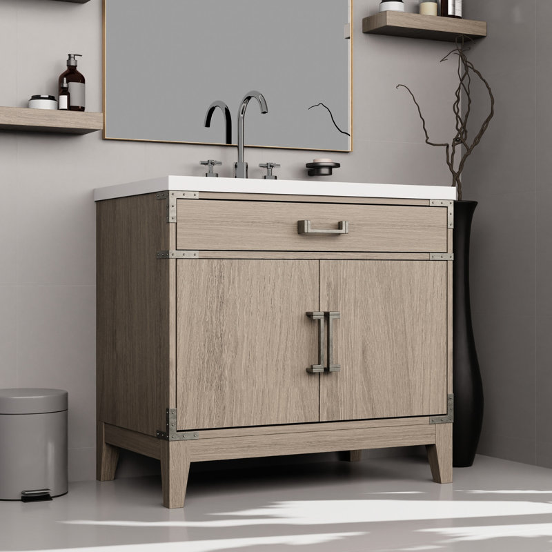Meuble-lavabo gris en chêne gris L x P 22 po, comptoir en quartz blanc, miroir 34 po, robinet agréable P 36 po 22 po avec miroir 34 po et robinet inclus