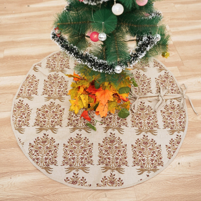 Jupe d'arbre de Noël en lin fabriquée à la main de 36 pouces de diamètre avec imprimé de blocs traditionnel Fabclusine - Vridhavan